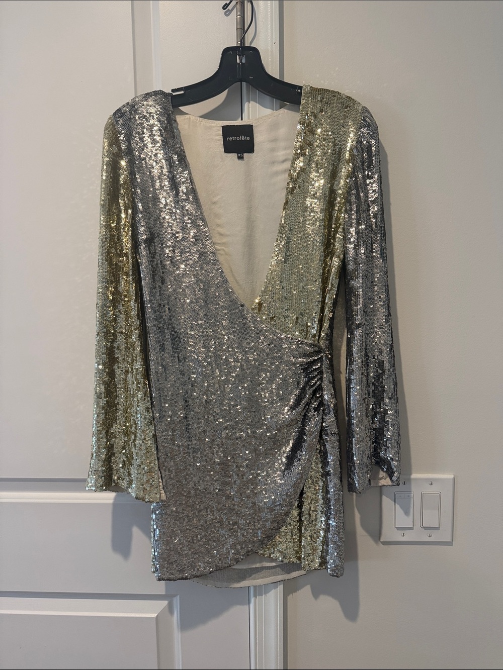 Retrofete Silver and Gold Sequin Wrap Long Sleeve Mini Dress